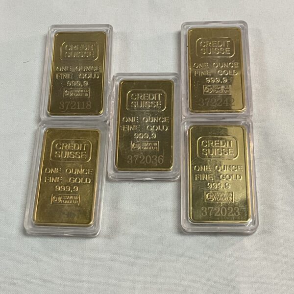 Set of five replica Credit Suisse gold bars for collectors.