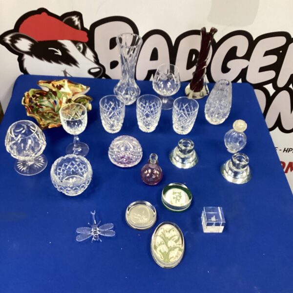 Assorted mixed crystal glassware lot with colourful glasses.