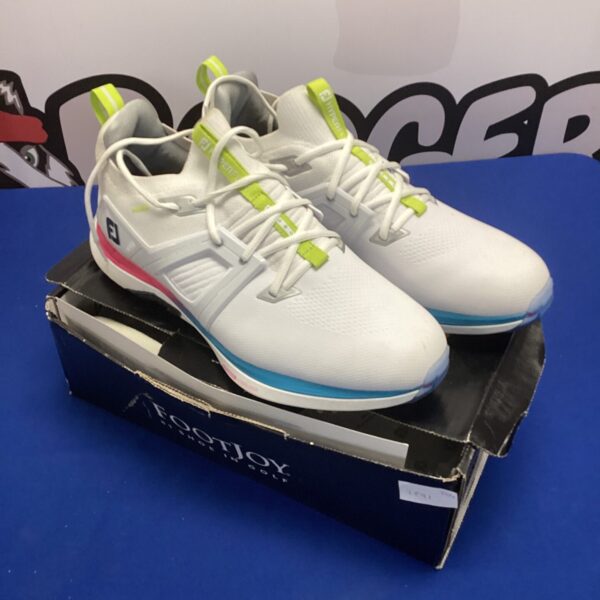 White size 10.5 FootJoy Pro SL golf shoes for athletic performance.