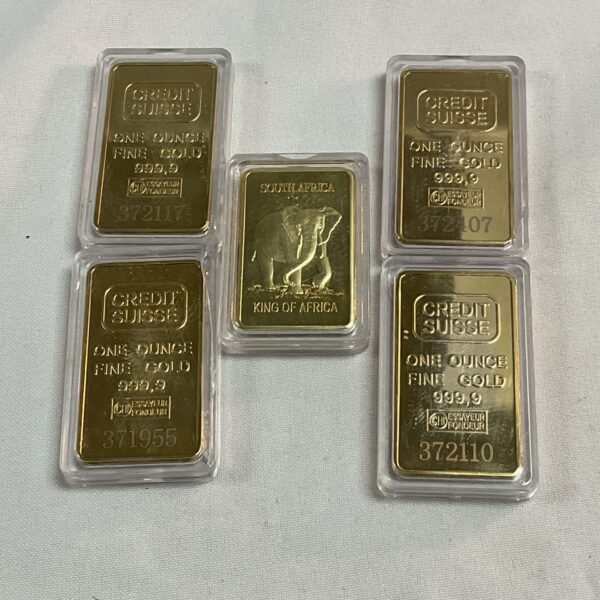 Replica Credit Suisse gold bars and Kruger elephant bar set.