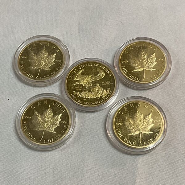 Replica gold coins, Canadian and USA commemorative currency collection.