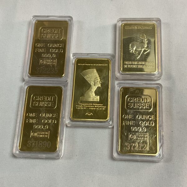 Replica gold bars collection including Credit Suisse, Egyptian, and Krugerrand designs.
