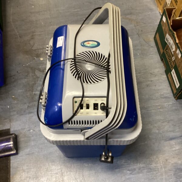 Blue portable cooler box with power connections for car and mains use.