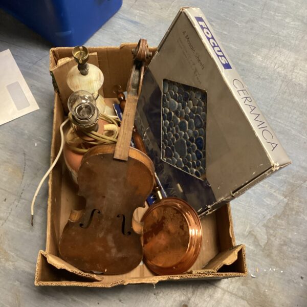 Mixed lot of vintage table lamps, copper pan, and ceramic tiles.