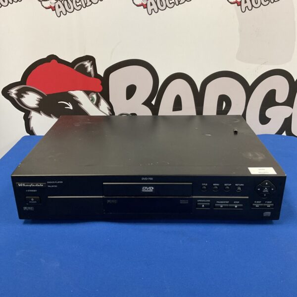 Silver Wharfedale DVD-750 DVD player with remote control.