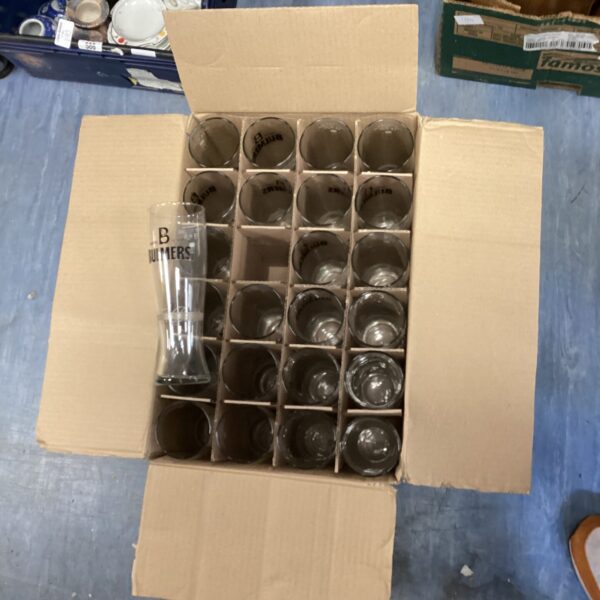 Box of twenty-four Bulmers pint glasses for pub or home use.