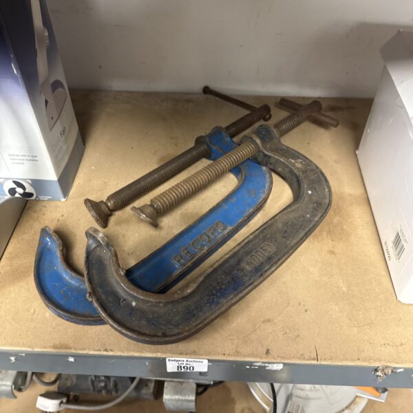 Vintage metal G clamps by Record and Woden for woodworking projects.