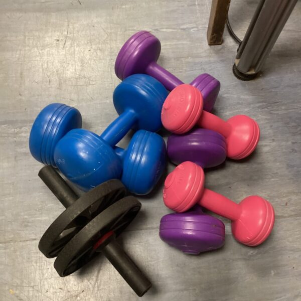 Vintage dumbbell set with exercise roller for home fitness.