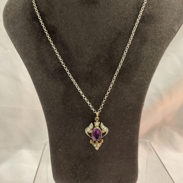 Antique silver pendant with amethyst and seed pearls