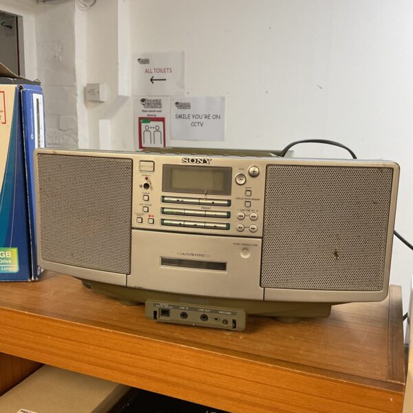Vintage Sony ZS-D5 radio cassette player boombox in grey.