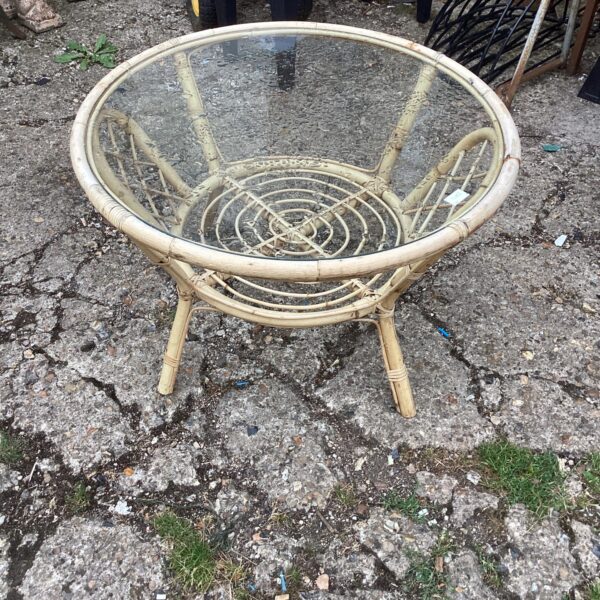 Vintage bamboo conservatory table with glass top.