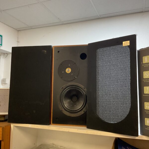 Pair of vintage Monitor Audio MA7 bookshelf speakers in dark wood finish.