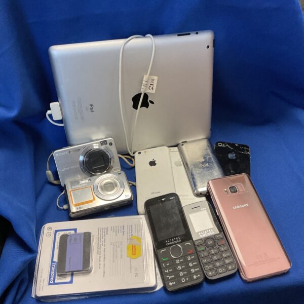 Apple iPhone bundle with iPad and Samsung camera displayed.