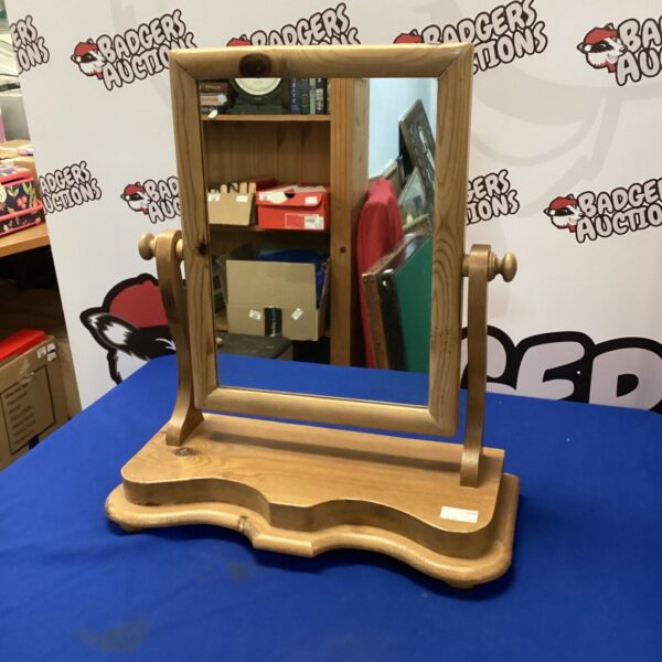 Vintage pine dressing table mirror with wooden frame.