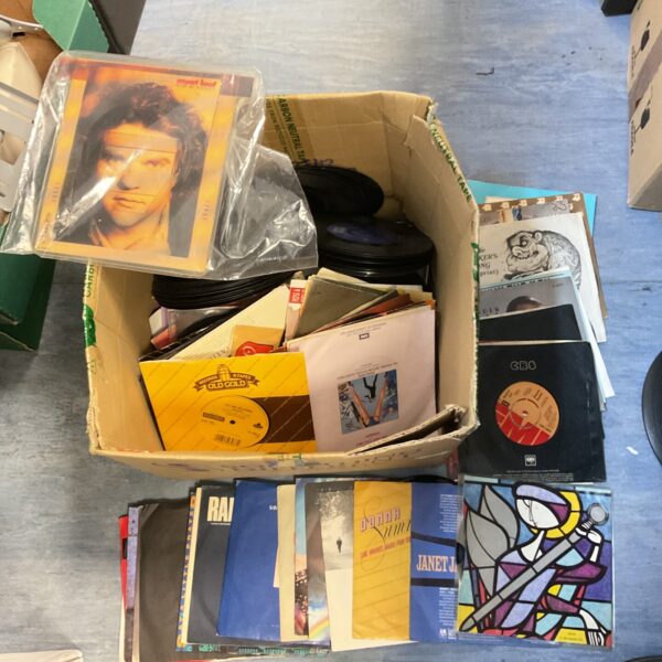 Vintage 7” vinyl record collection featuring a Meatloaf picture disc.