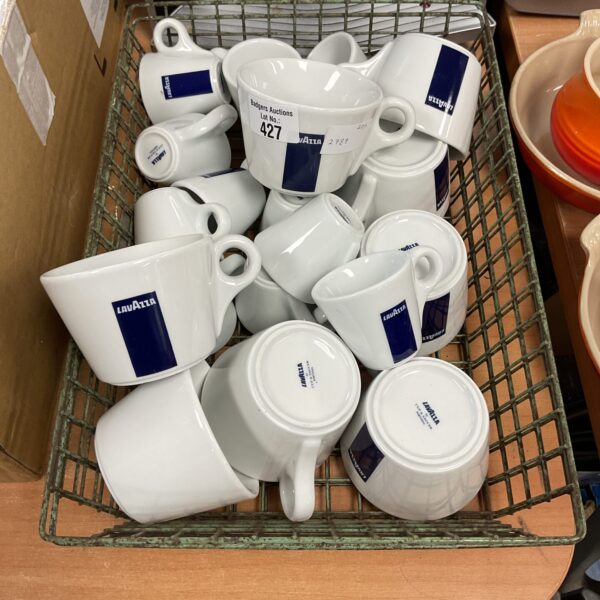 Tray of white Lavazza branded tea and coffee cups.
