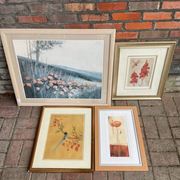 Vintage framed still life prints and Chinese watercolour painting for home decor.
