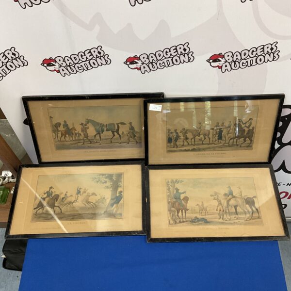 Set of four antique framed hunt prints for vintage wall decor.