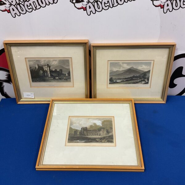 Antique framed engraving of a Welsh abbey ruin in a landscape.
