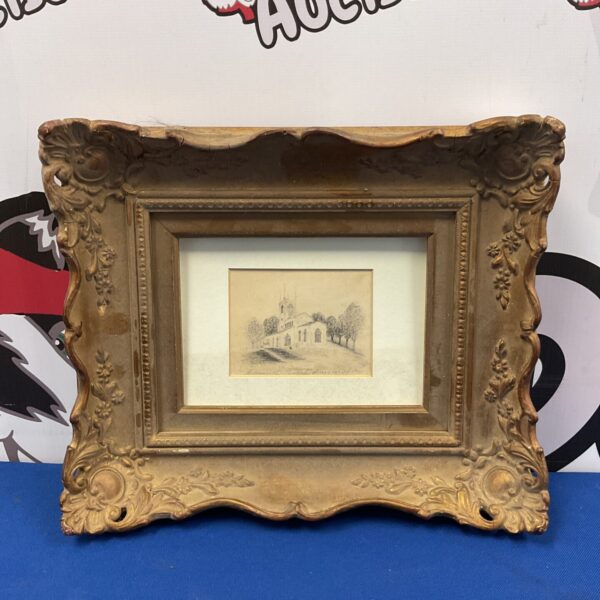 Antique church pencil drawing in ornate frame, vintage religious art.