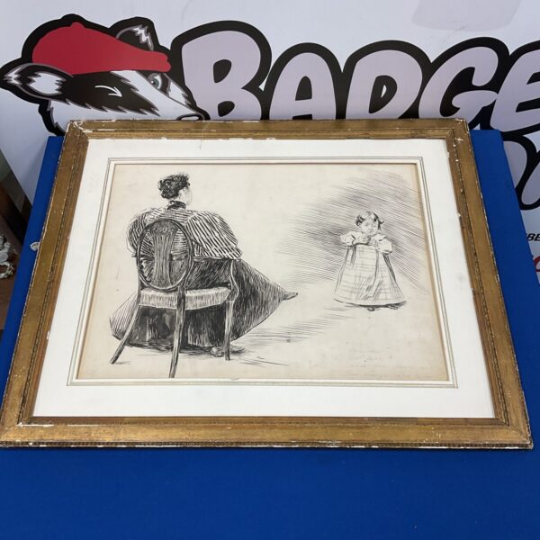 Vintage pen and ink drawing of a mother and child.