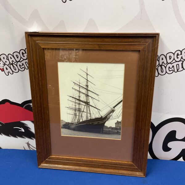 Framed black and white photograph of the Cutty Sark sailing ship.