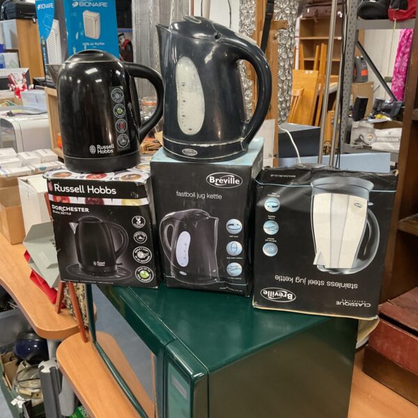Russell Hobbs electric kettle and vintage kitchen appliances lot.
