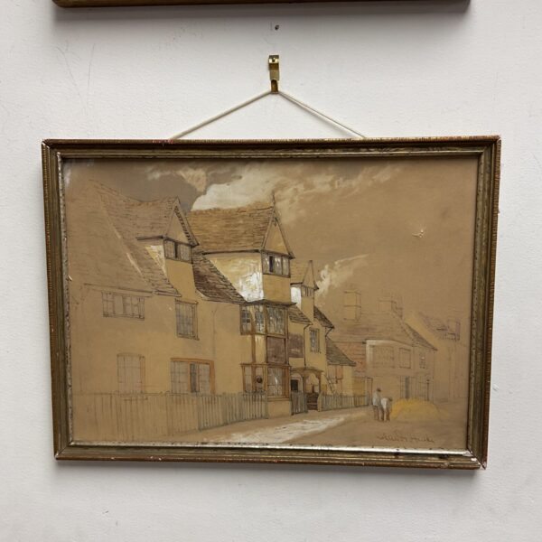 Signed Claud Hulke watercolour painting of a vintage British street scene.