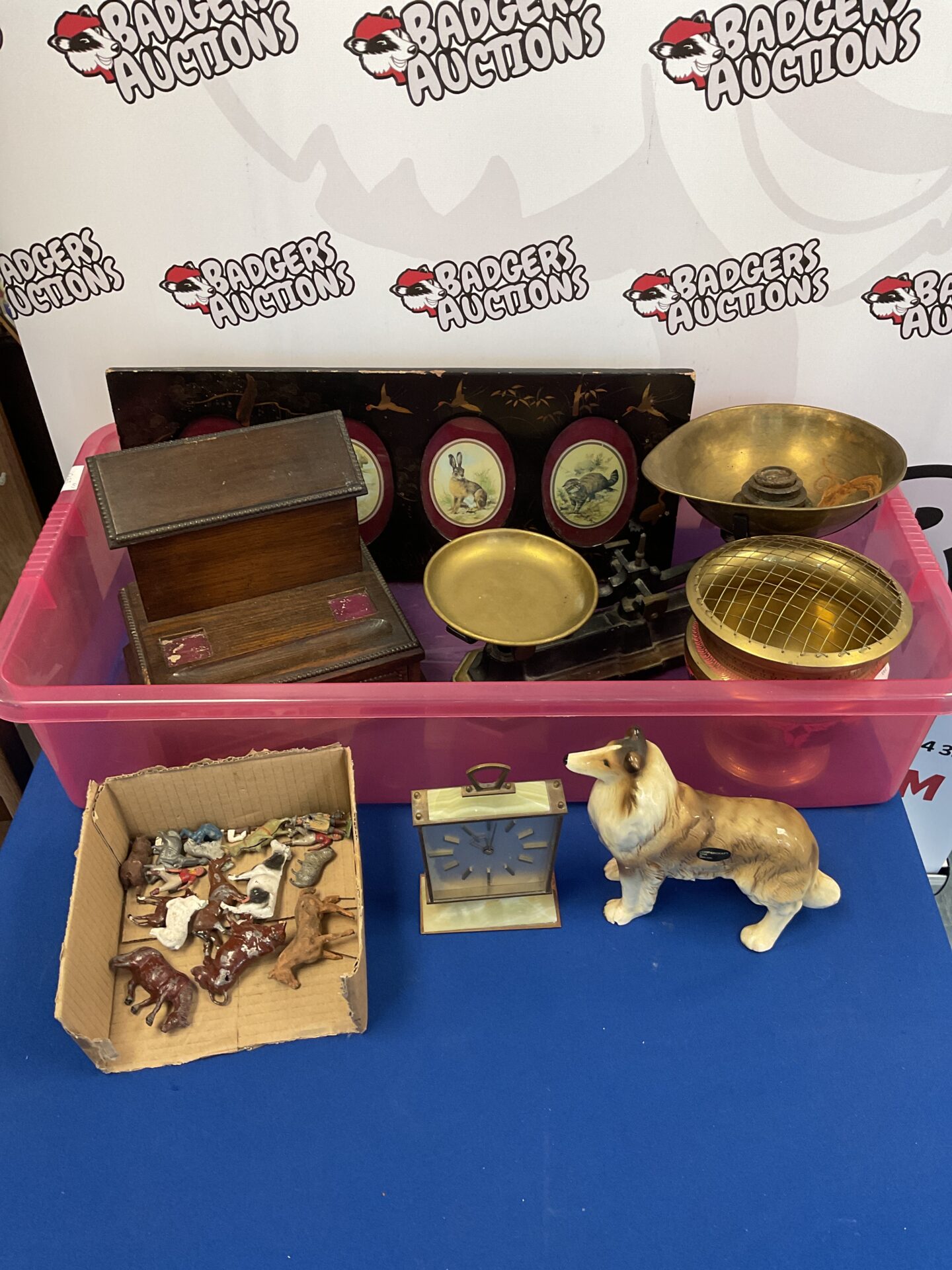 069 Box of mixed to include vintage scales & oak desk tidy