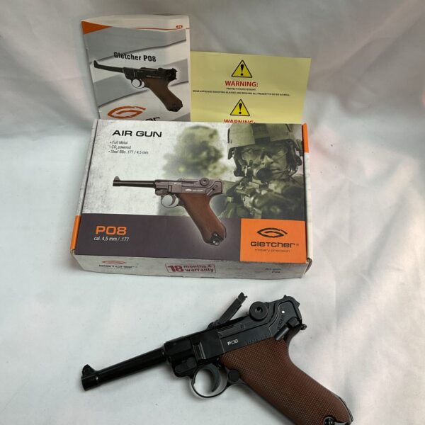 Gietcher P08 Co2 Luger airgun in original box, collectible replica.