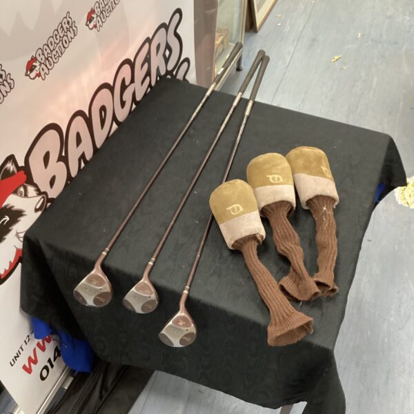 Ladies Lynx fairway wood set with covers, vintage golf clubs.