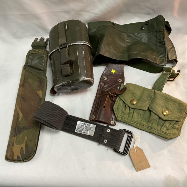 WWII German military kit collection including mess tin and ammo pouch.
