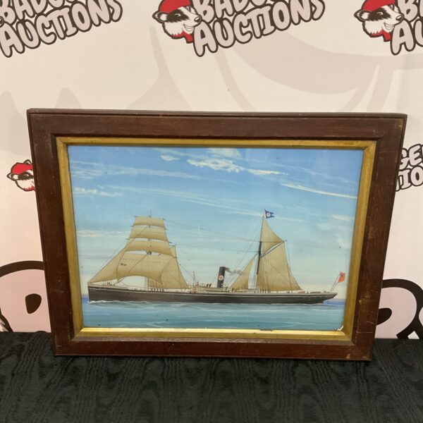 Antique oil painting of a British Navy hospital ship at sea.