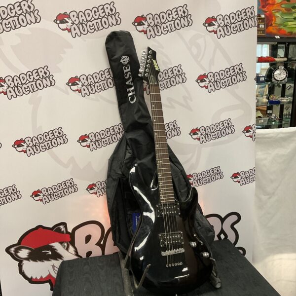 Black Ashton AGS-381 electric guitar with a gig bag.
