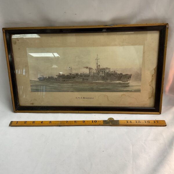 Vintage watercolour painting of H.M.S. Bahamas, a WWII warship.