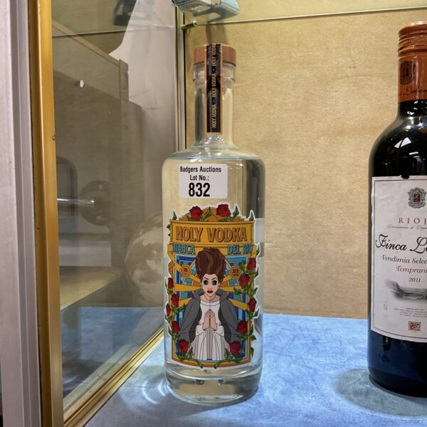 Sealed bottle of Bianca Del Rio Holy Vodka, collectible spirit.