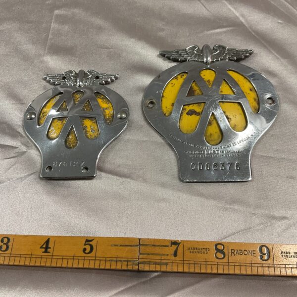 Vintage AA car badge, classic motoring emblem, collectible automobilia.