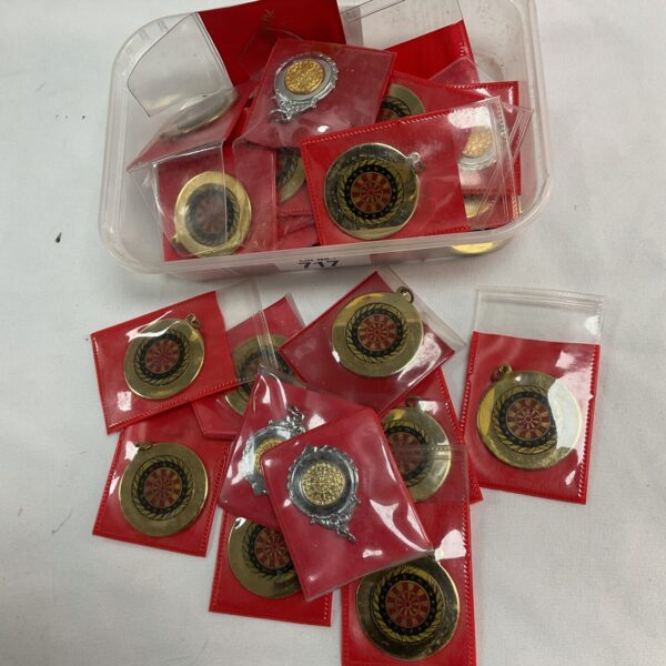 Lot of 30 new, unnamed darts medals for sports awards.