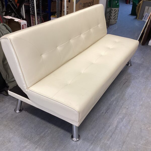 Modern white sofa bed with chrome legs.