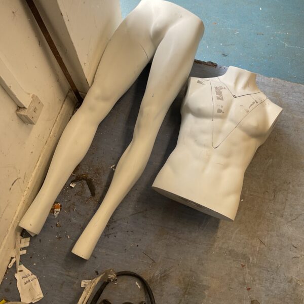 White plastic mannequin legs and torso for clothing display.