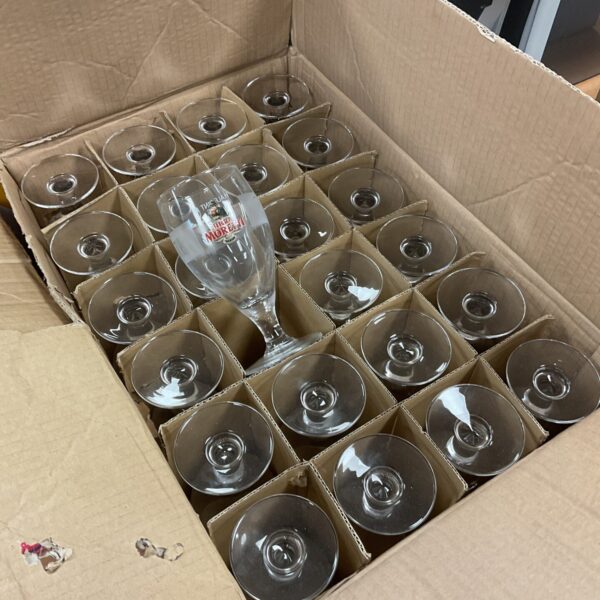 New set of 24 Birra Moretti beer glasses in packaging.