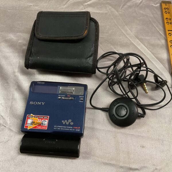 Front view of the Sony Walkman MD Player MZ-N1 with case.
