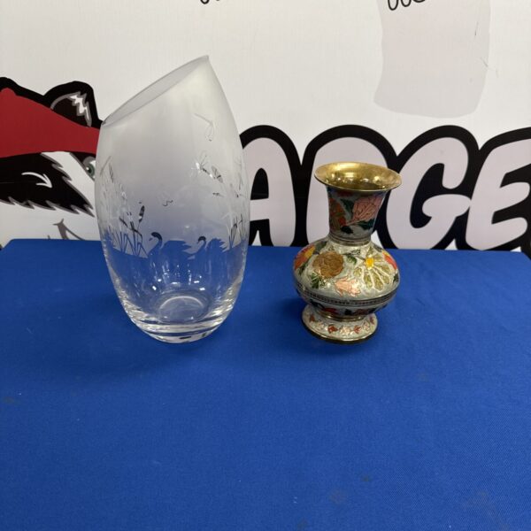 Vintage enamel floral brass vase with frosted glass insert.