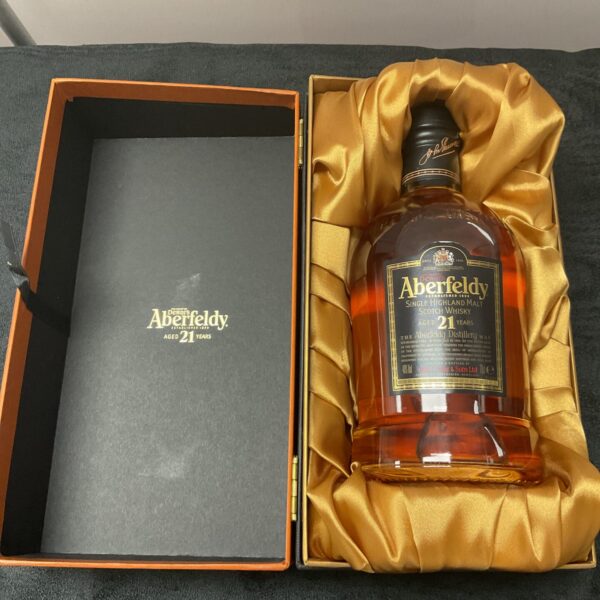 Cased bottle of Aberfeldy 21 year old single highland malt whisky.