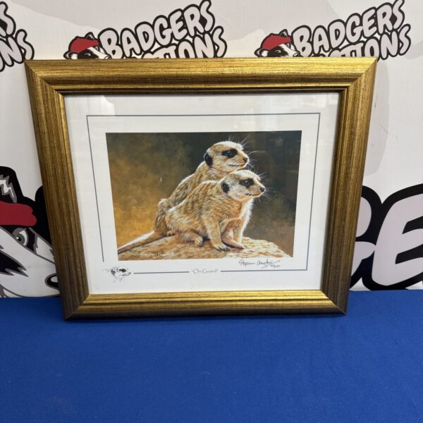 Limited edition Stephen Gayford meerkat print titled “On Guard”.