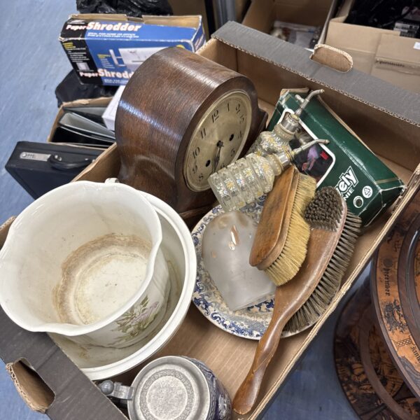 Vintage china and clock lot with Royal Winton pieces.