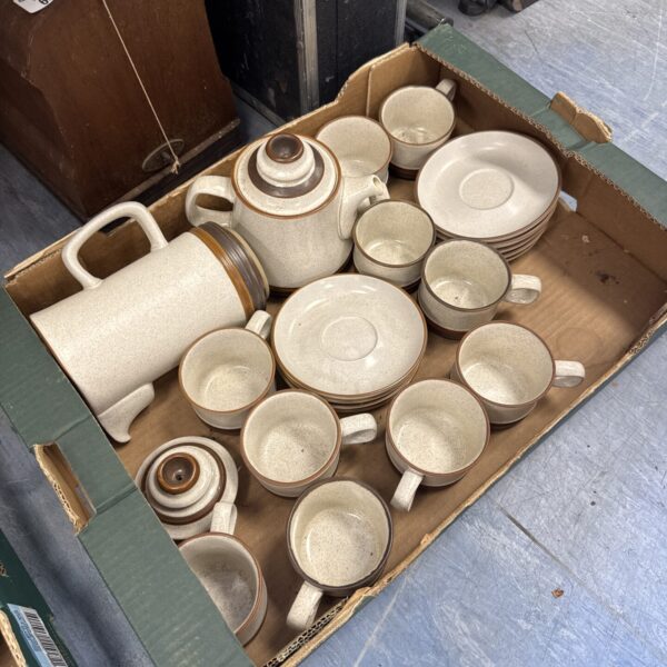 Full view of a vintage Denby stoneware tea and coffee set.