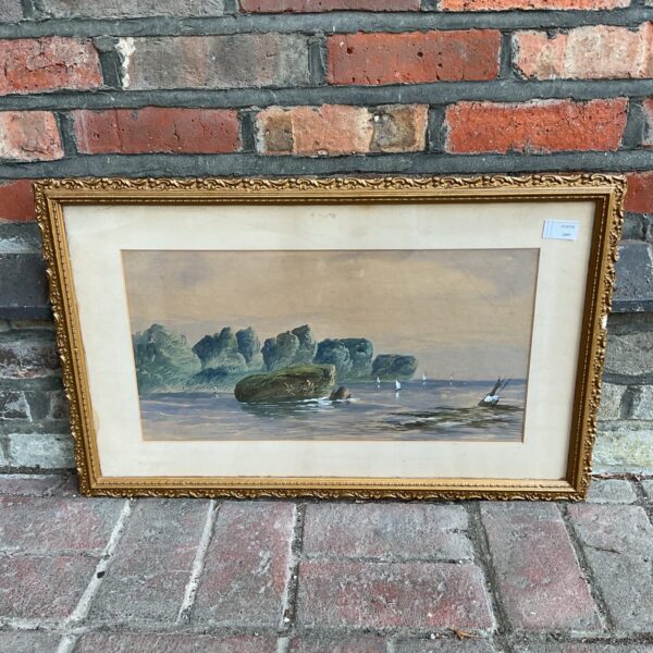 Vintage Edwin Earp watercolour painting of a coastal scene with boats.
