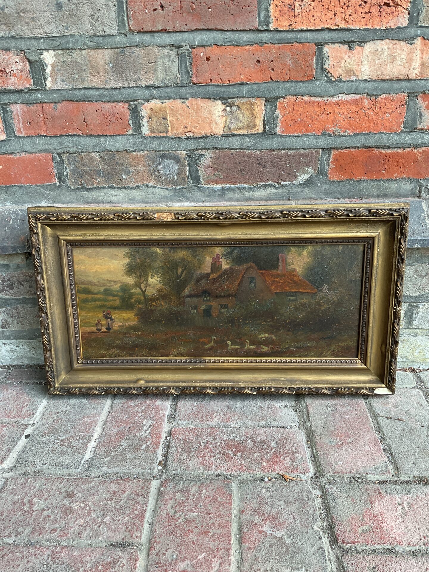 078 19th century gilt framed oil on board of a cottage scene with geese