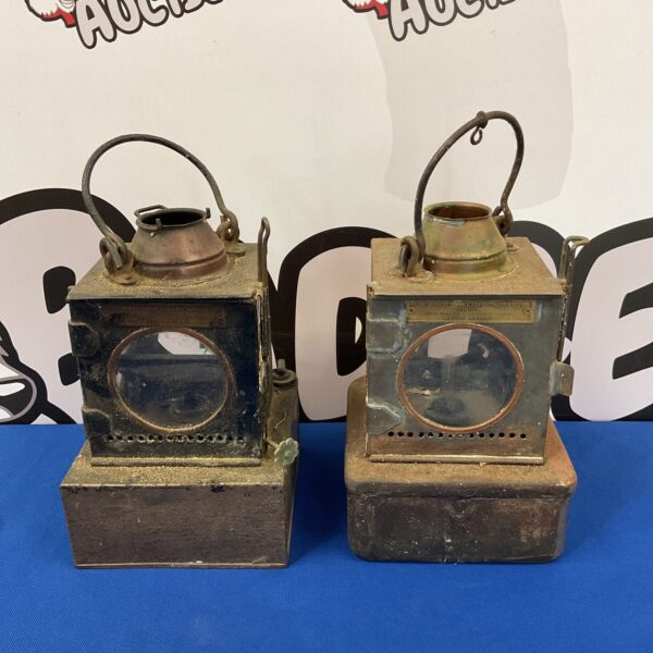 Pair of antique British Rail signal lamps, vintage railway lighting.